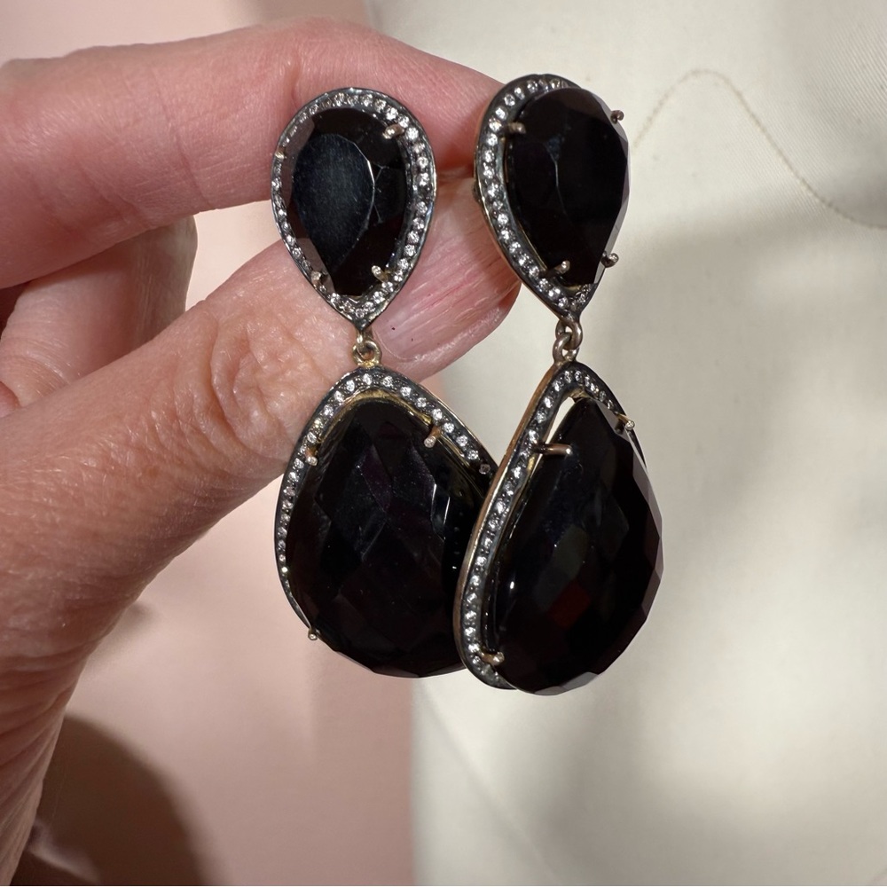 Sterling silver pear shape Black glass topaz halo oversized dangle earrings - Picture 3 of 15